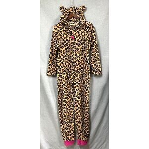 PJ Couture Leopard Cat Hooded One Piece Pajama Jumpsuit Womens